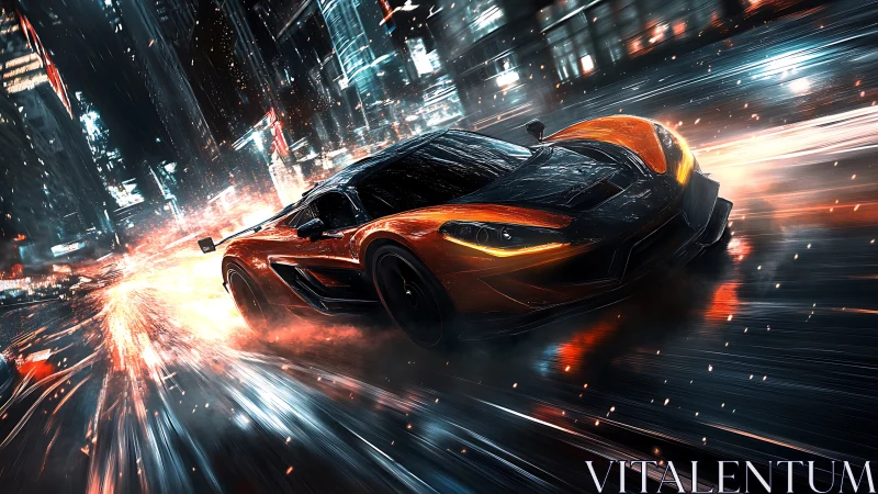 Hyperreal orange supercar cuts through neon-soaked city rain