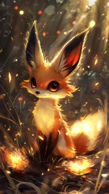 Luminous fox spirit sits in glowing forest clearing at dusk