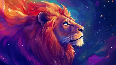 Lion profile in multicolored cosmic nebula background scene.