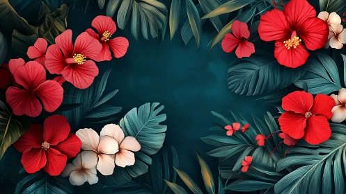 Radiant Red Hibiscus Blooms Dance Across Deep Teal Garden