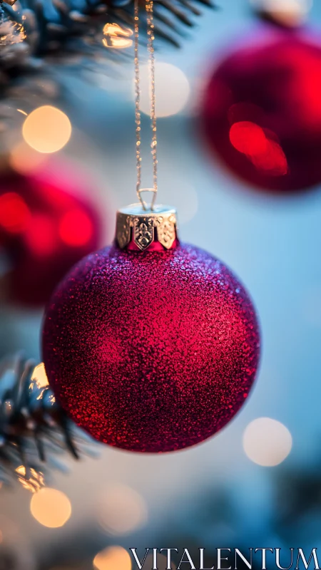 Red glass bauble in shallow focus captures festive bokeh glow