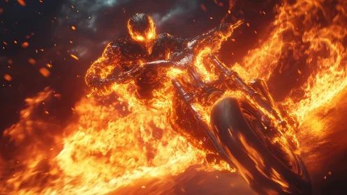 Flaming spectral rider on molten motorcycle in dynamic charge