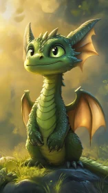 Green juvenile dragon rendered in soft backlit fantasy scene.