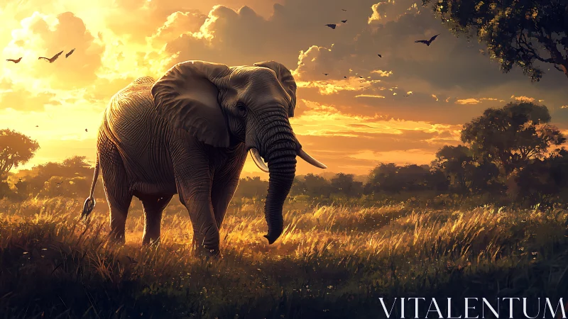 African elephant in tall grass under warm sunset light.