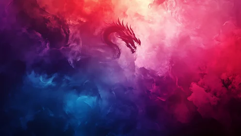 Dragon silhouette emerges from neon storm clouds of color