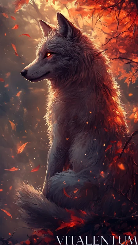 Luminous-eyed white wolf rendered in autumnal rim lighting