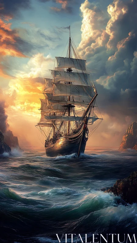Storm-tossed tall ship chasing the burning edge of dawn.