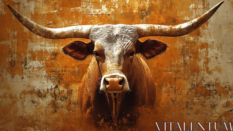 Longhorn bull portrait on textured orange painted wall.