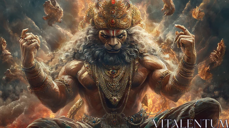 Lion-headed warrior deity emerges in blazing celestial fury