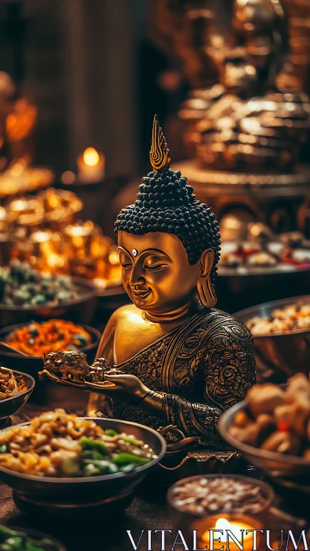 Golden Buddha statue illuminated among ritual food offerings