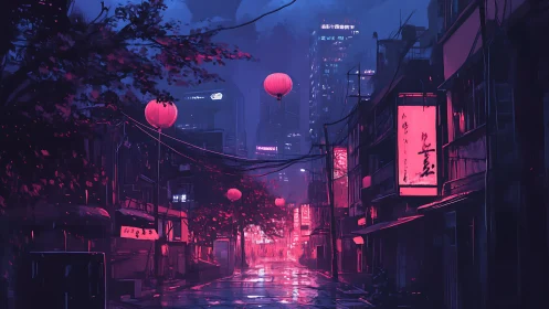 Nocturnal urban street with neon signage and lanterns.