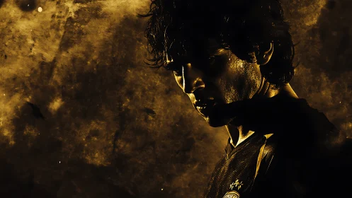 Brooding sports hero in molten gold and shadowed light.