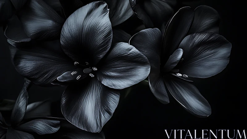 Black flowers with detailed petal structure on dark background.