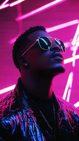 Neon lit portrait with reflective sunglasses and iridescent jacket