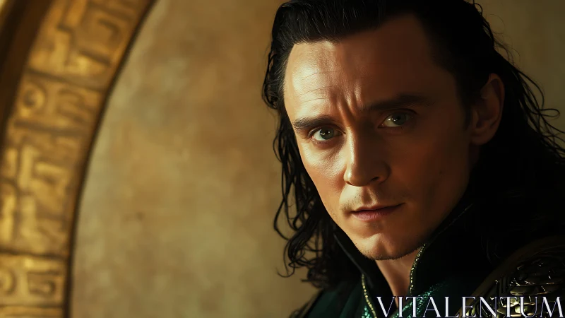 Brooding dark-haired man gazes toward camera in warm light