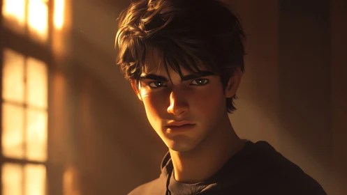 Golden evening light gently frames a thoughtful young hero