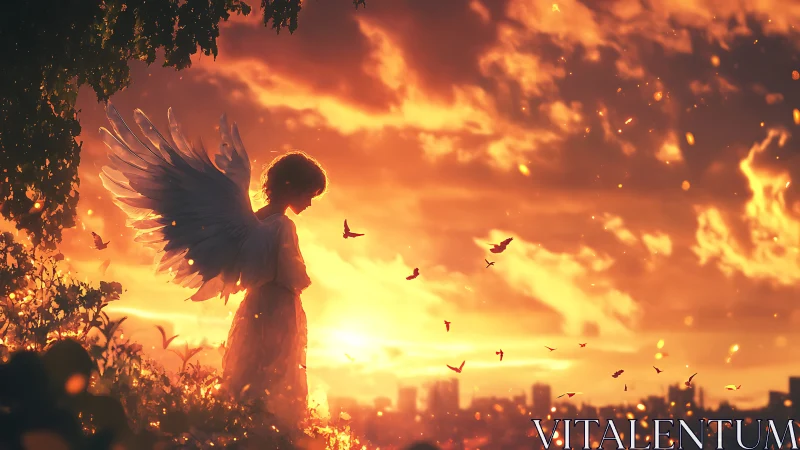Winged figure at sunset overlooking distant city skyline.
