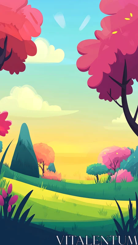 Stylized Landscape with Layered Trees and Warm Sky