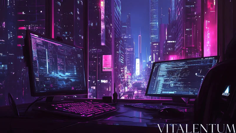 Cybernetic command desk overlooking neon megacity grid.
