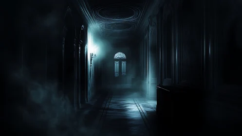 Dark hallway shows single lit doorway with dense interior fog