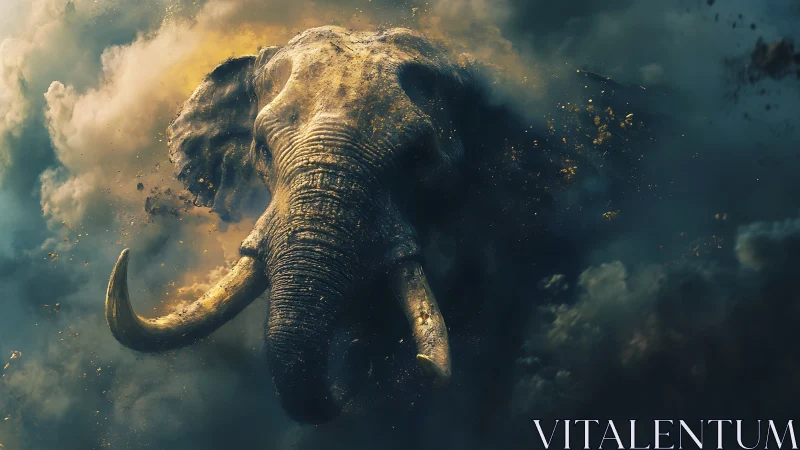 Powerful elephant emerging through swirling storm clouds