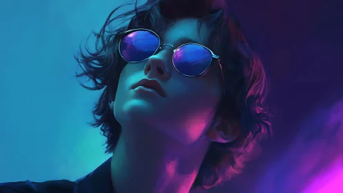 Neon-drenched dreamer in mirrored shades of electric dusk.