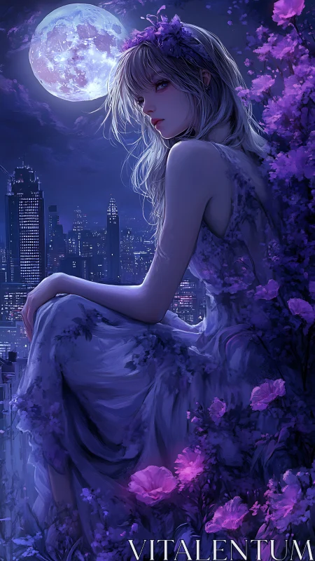 Moonlit city dreamer wrapped in violet rooftop blossoms.
