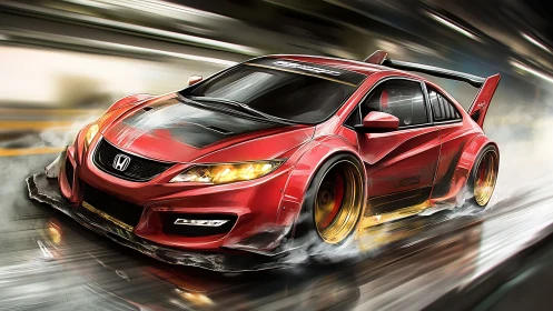 Turbocharged crimson comet slices through neon tunnel curves