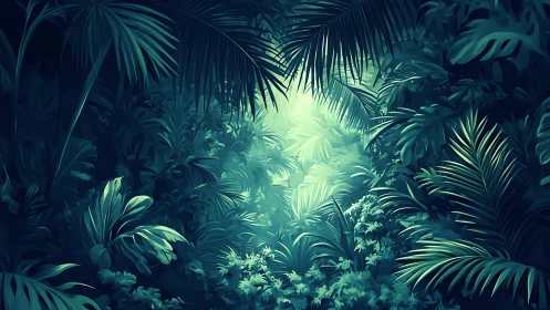 Bioluminescent Jungle Canopy: Atmospheric Volumetric Lighting Through Tropical Foliage.