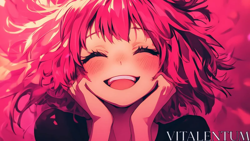 Smiling pink-haired girl radiates joy in warm anime light