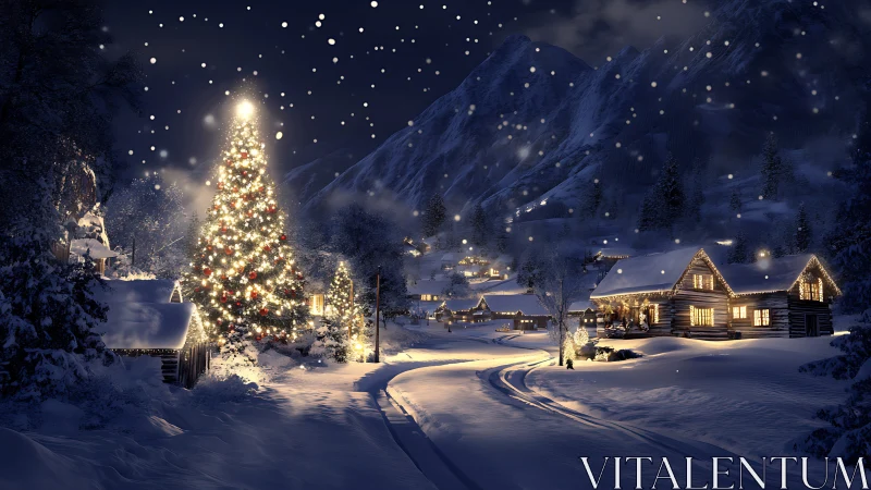 Snowy alpine village with illuminated Christmas tree at night.