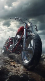 Red custom chopper under storm clouds on muddy terrain.