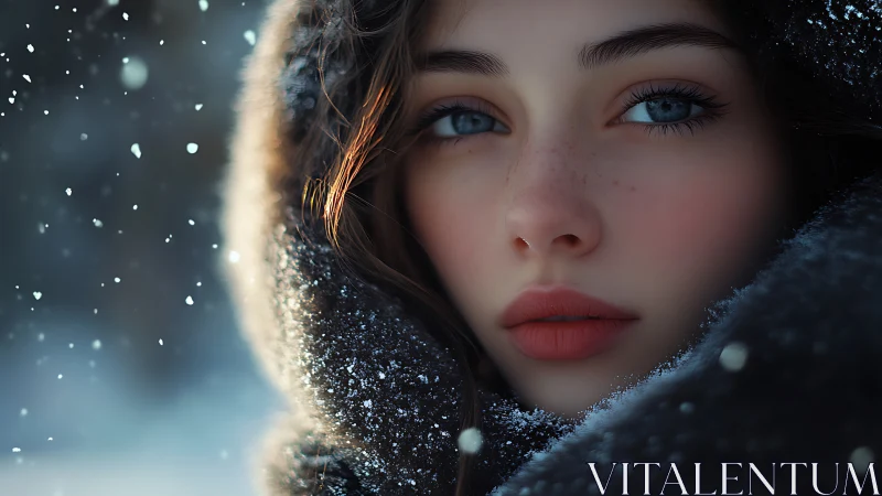 Winter-cozy portrait glows softly in a hush of falling snow