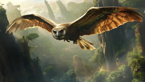 Majestic owl soaring over lush fantasy canyon landscape in sunlight.
