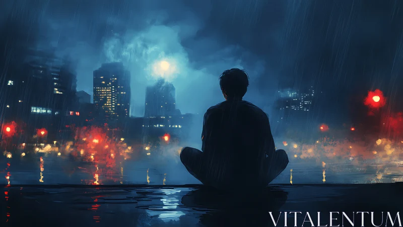 Silhouetted figure studies rain‑soaked cityscape under diffuse moonlight
