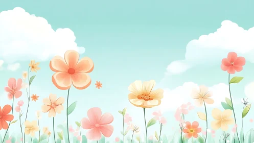 Wildflower Meadow Beneath Turquoise Sky with Clouds