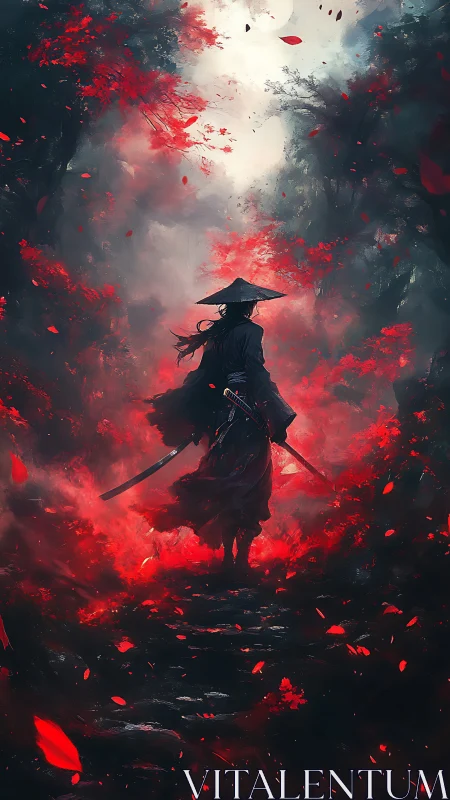 Lone samurai walks bloodred forest path toward light