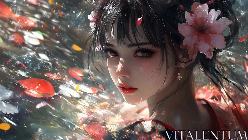 Petal-kissed portrait of ethereal girl in shimmering water.