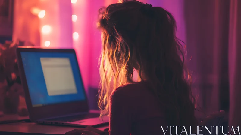 Teen girl using laptop under warm pink bedroom lights.