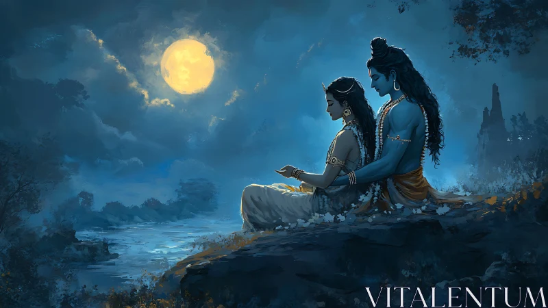 Two blue-toned figures sit by a moonlit river landscape
