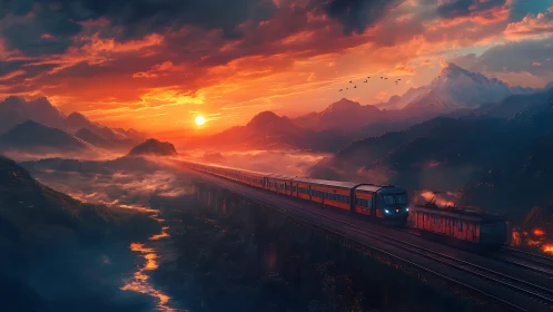Sunset mountain railway carries a lone train through clouds.