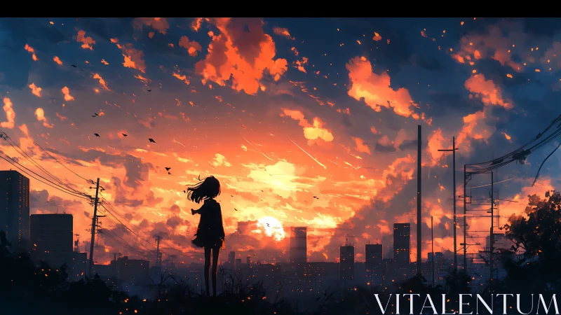 Silhouetted girl watches a blazing city sunset ignite the sky