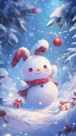 Snowman with bunny ears stands in decorated winter forest