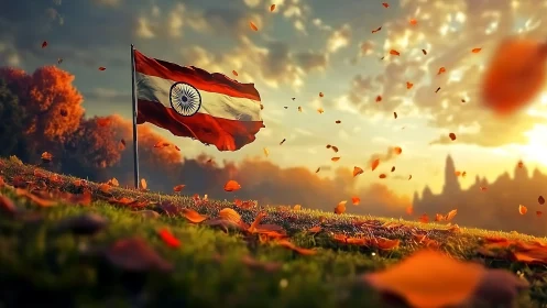Indian flag rendered in shallow depth sunset landscape with drifting leaves