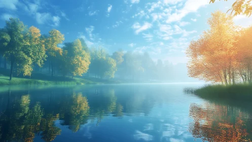 Golden autumn trees glow beside a misty reflective lake.
