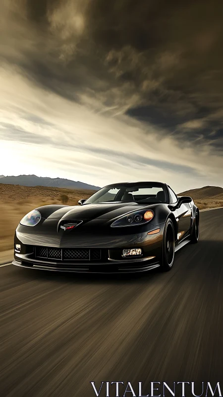 Black sports car powering through desert highway storm light.
