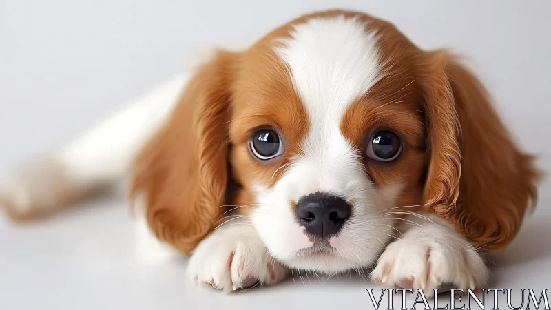 Big-eyed puppy daydreams on a cloud-bright studio floor.