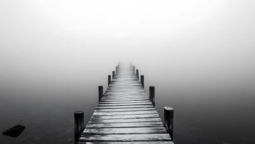 Lonely wooden pier disappears into quiet white fog.