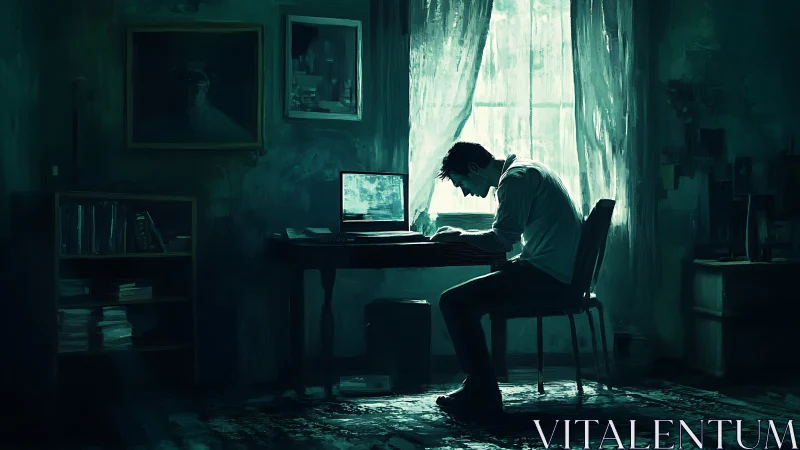 Solitary writer bends over laptop in dim teal room.