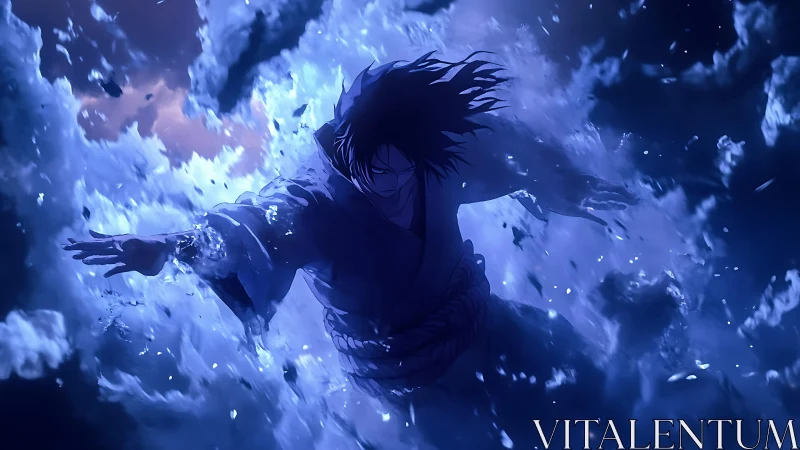 Storm-scarred warrior dives through shattering midnight clouds